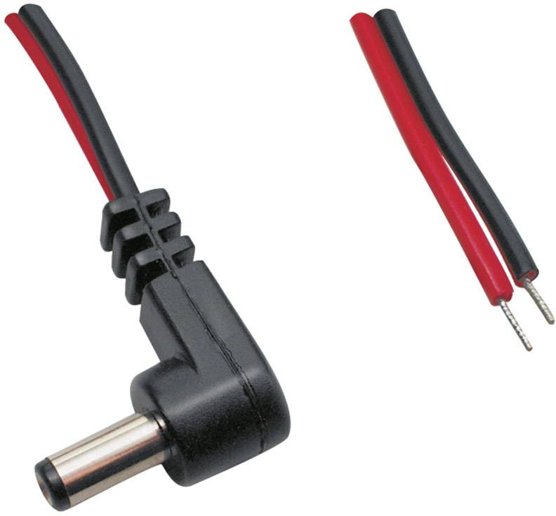 Ein abgewinkelter DC-Stecker mit schwarzem und rotem Kabel ist verbunden; daneben liegen zwei abisolierte Kabelenden in Schwarz und Rot.