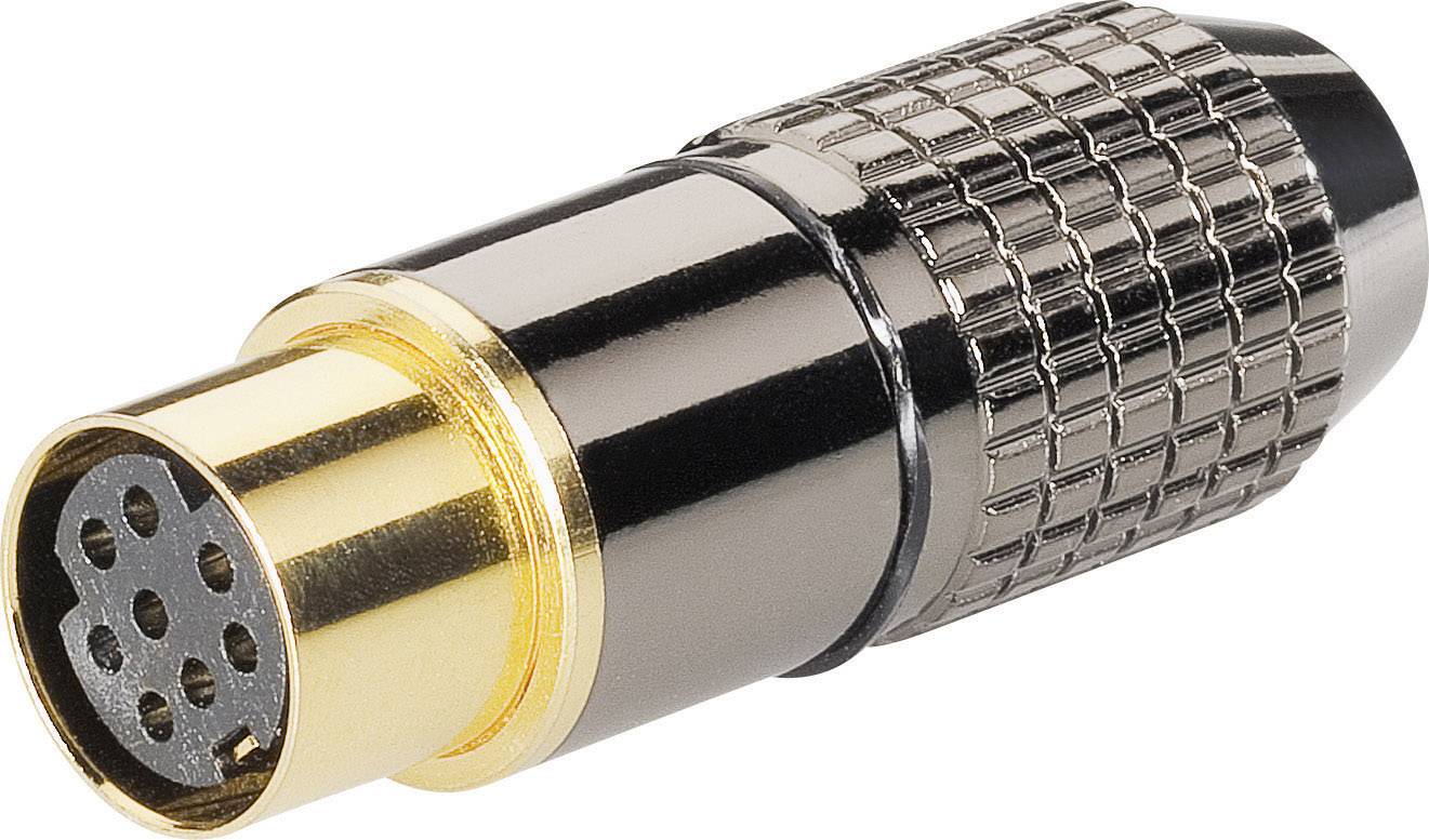 Ein schwarzer und goldener Stecker mit mehreren Kontaktstiften, oft in elektronischen Geräten verwendet.