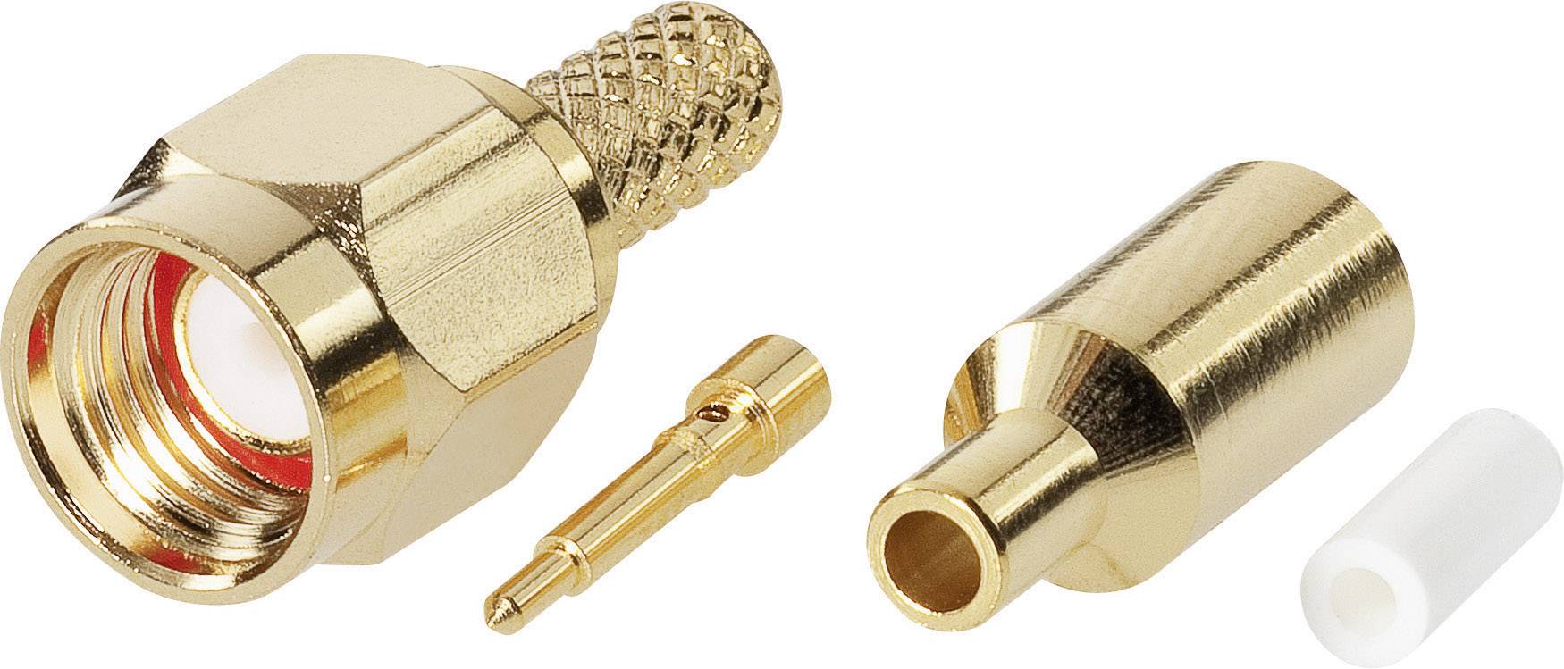 Vergoldeter RF-Koaxial-Stecker, bestehend aus Steckgehäuse, Kontaktstift und Isolierteil, für Kabelverbindungen in der Elektronik.