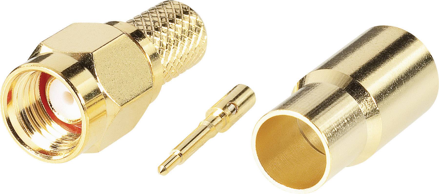 Zwei goldene SMA-Stecker: ein Stecker mit Innengewinde, der andere mit abnehmbarem Schirm zur Kabelbefestigung. Ideal für Koaxialverbindungen.