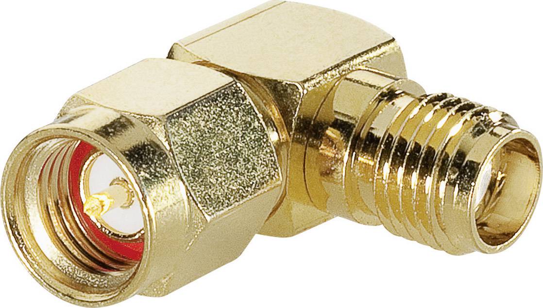 Ein goldener rechtwinkliger Adapter, vermutlich für Koaxialkabel, mit glatter und gerändelter Oberfläche, zum Verbinden elektronischer Geräte.