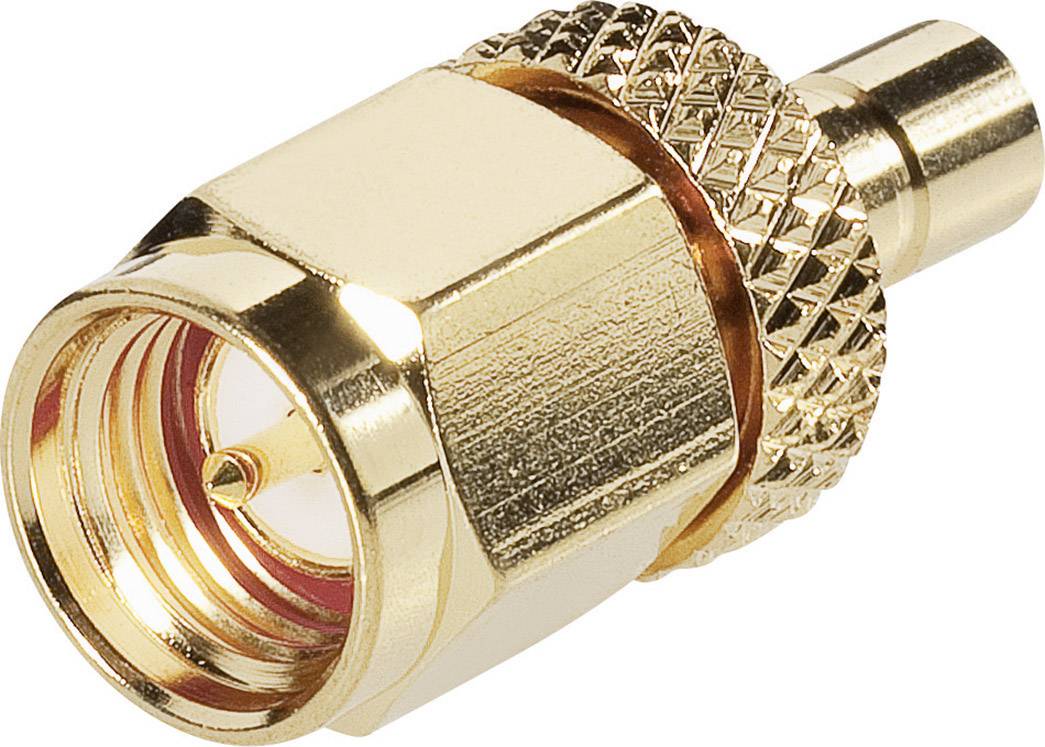 Goldener Koaxialstecker mit Rändelung, hauptsächlich verwendet für Antennen- oder Audioverbindungen.