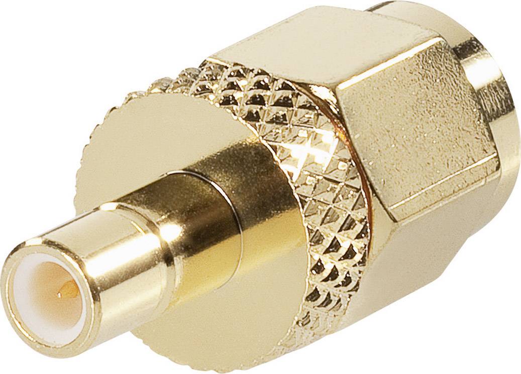 Goldener Koaxialstecker mit geriffelten Details, ausgelegt für hochfrequente Verbindungen in Geräten wie Antennen oder elektronischen Systemen.