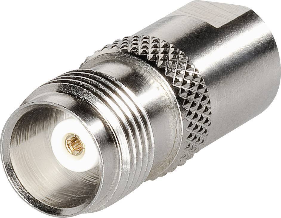 Ein silberner Koaxialadapter mit Gewinde, geeignet zum Verbinden von TV-Kabeln, auf weißem Hintergrund.
