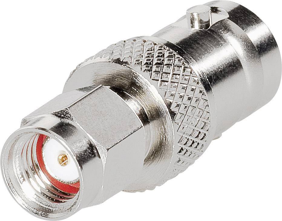 Steckverbinder: Metallischer BNC-Stecker, seitlich gesehen, mit geriffelter Oberfläche und offenem Kontakt, für Koaxialkabel geeignet.