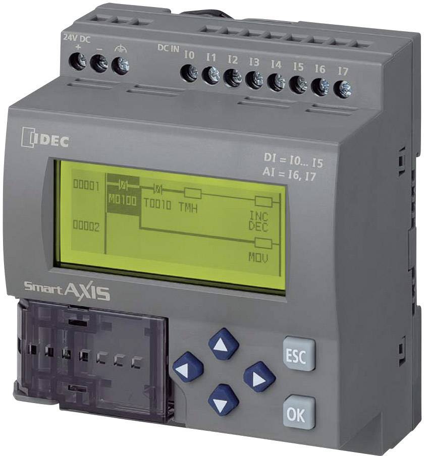 Ein grauer programmierbarer Logikcontroller mit grün beleuchtetem Display zeigt technische Informationen und Symbole.