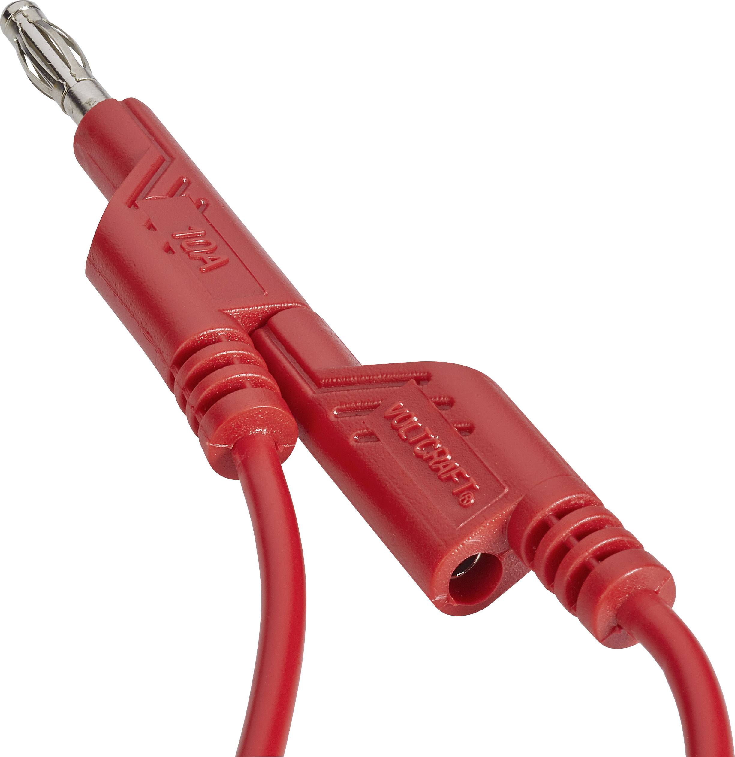 Rotes Kabel mit Krokodilklemme und Steckverbindung für elektronische Tests, auf weißem Hintergrund.