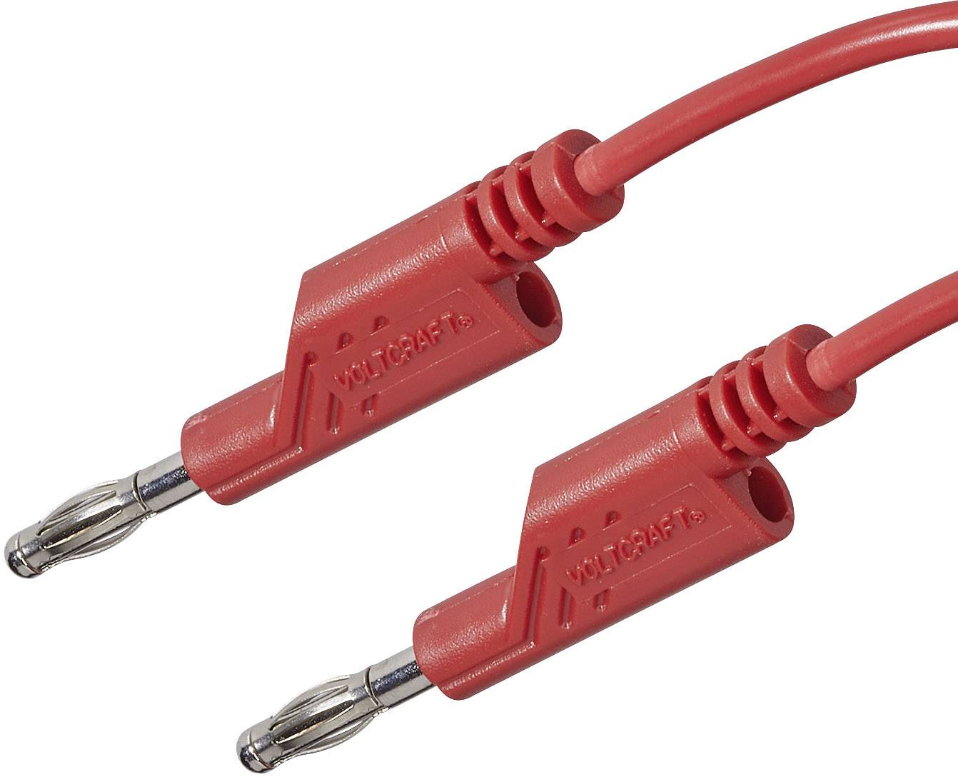 Zwei rote Bananenstecker mit Metallspitze und VOLTCRAFT-Logo, verbunden durch ein Kabel.