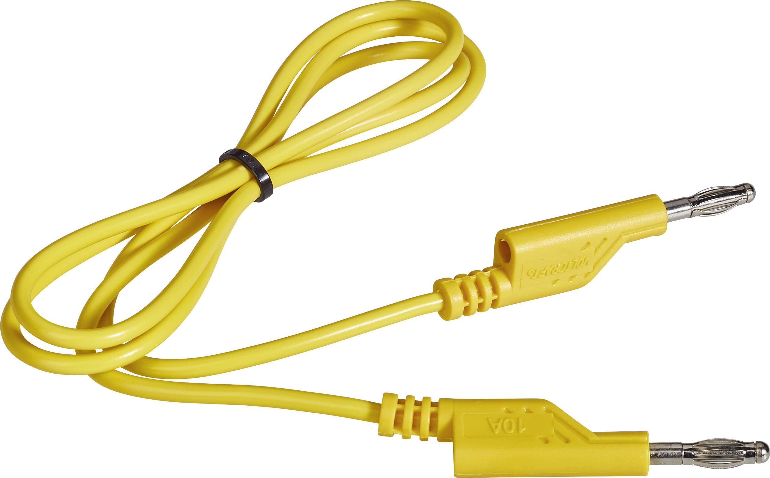 Gelbes Bananenkabel mit zwei Steckern, typischerweise verwendet in Laborumgebungen oder für elektronische Experimente.