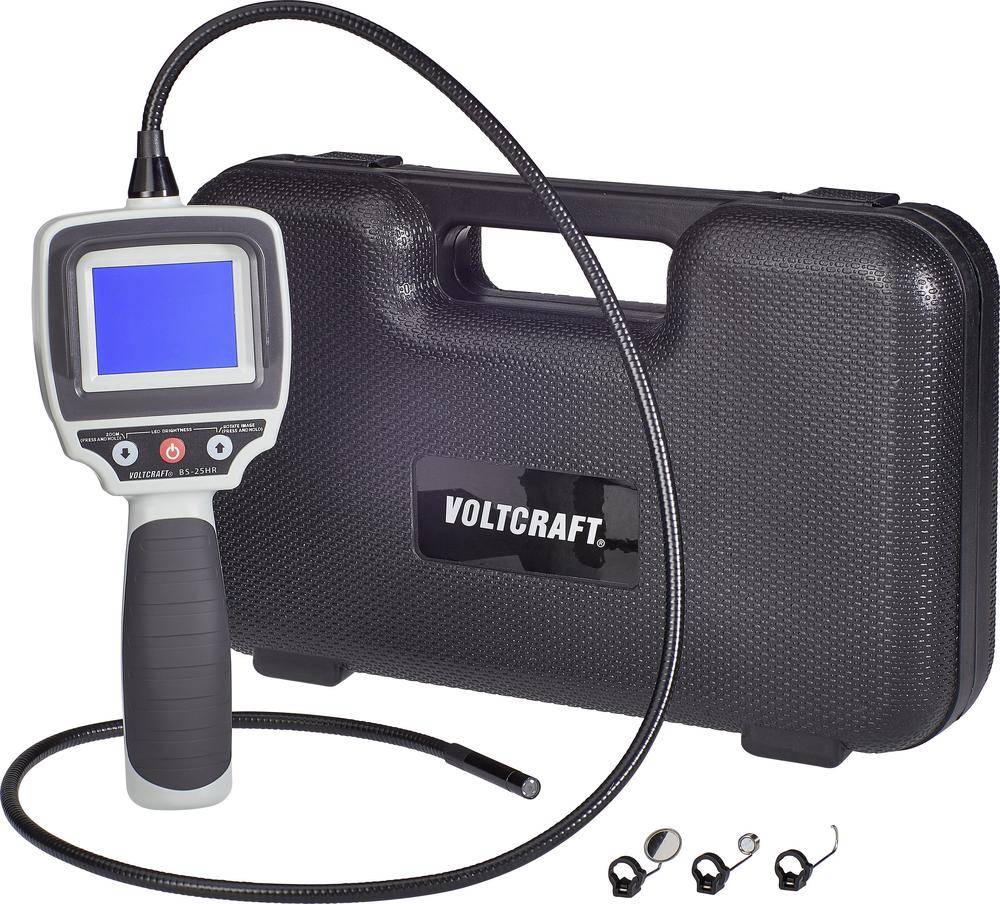 Inspektionskamera mit Display, biegsamem Kabel und drei Aufsätzen, neben einem schwarzen Hartschalenkoffer.