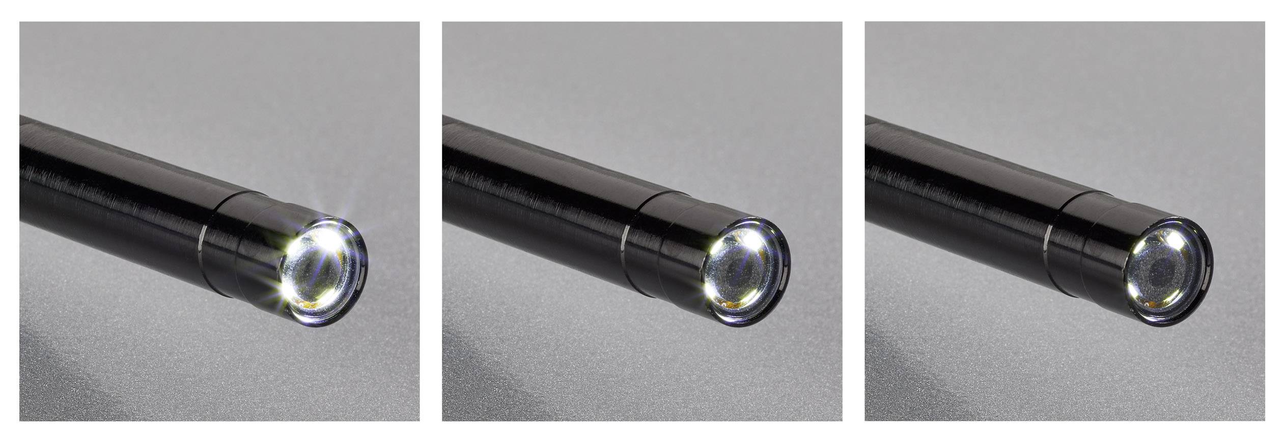 Drei identische dunkle Stäbe mit leuchtenden Enden auf grauem Hintergrund.
