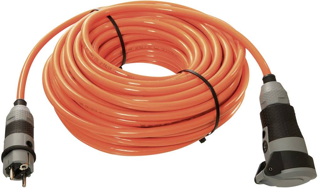 Ein langes, orangefarbenes Verlängerungskabel, aufgerollt mit einem schwarzen Kabelhalter. Die Enden haben robuste Steckverbindungen.