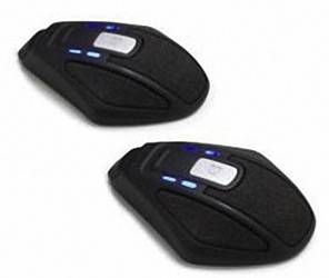 Zwei schwarze Kommunikationsgeräte mit blauen LED-Anzeigen und grauen Knöpfen, die nebeneinander liegen.