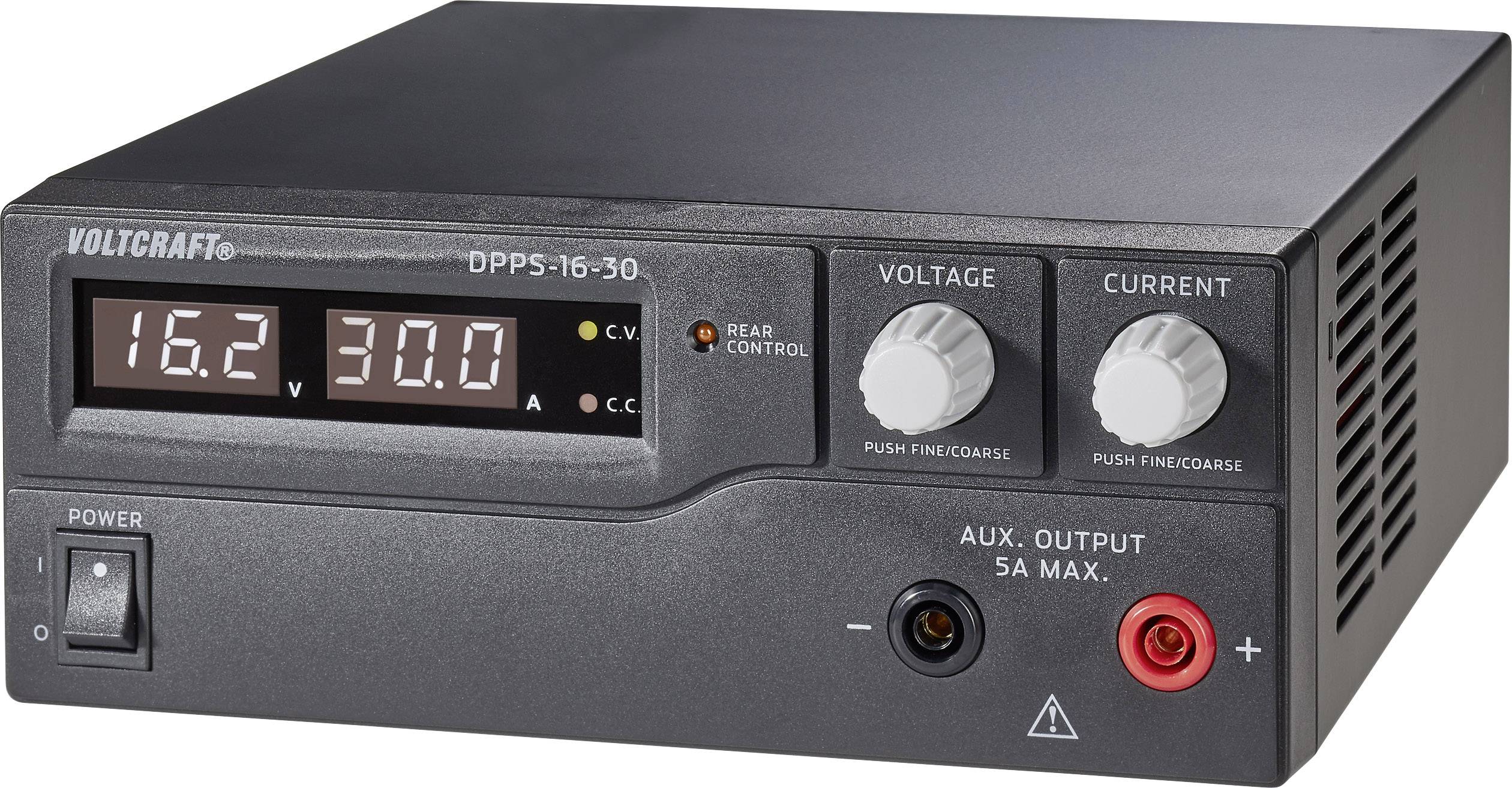 Schwarzes Labornetzgerät mit digitalen Anzeigen für Spannung und Stromstärke; Knöpfe zur Feineinstellung; Modell: Voltcraft DPPS-16-30.