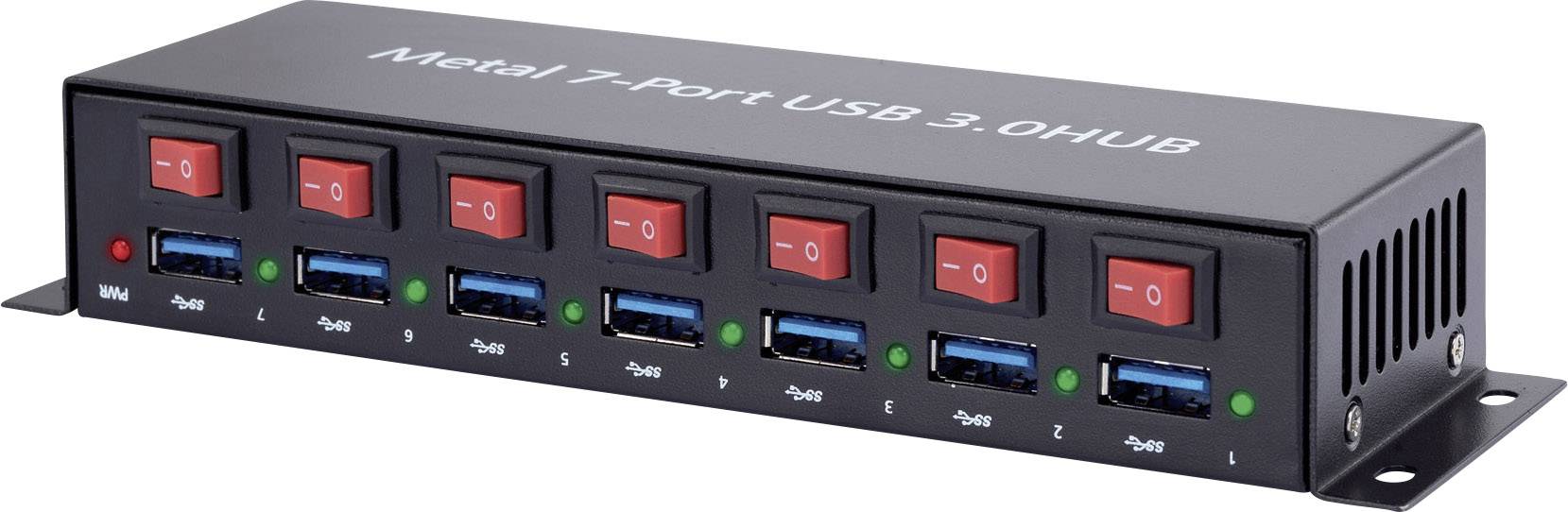 USB-Hub mit 7 Anschlüssen, roten Ein-/Ausschaltern für jeden Port und einer schwarzen Metallhülle; unterstützt USB 3.0.