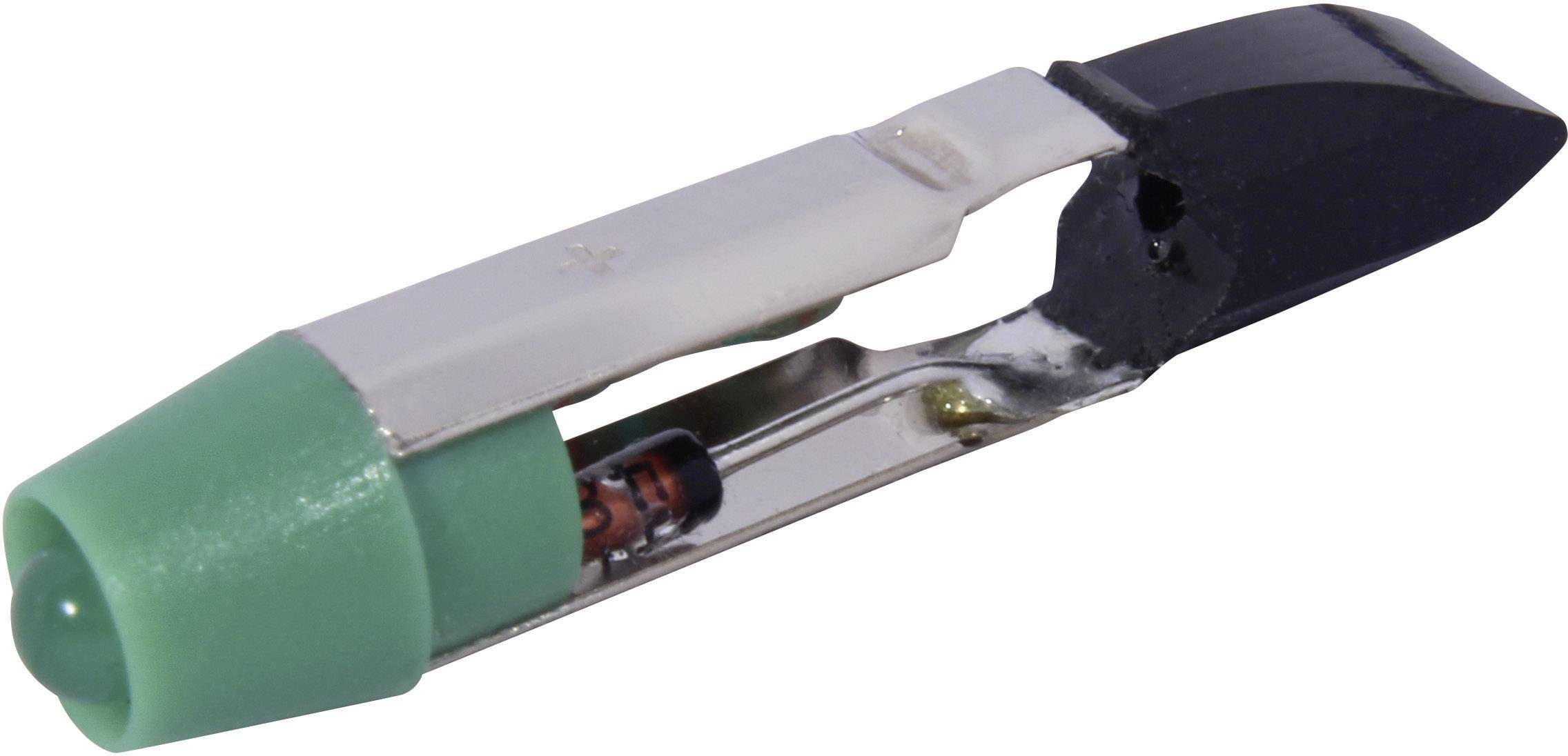 Ein grünes LED-Licht in einem Metallclip mit schwarzer Halterung, verwendet in elektrischen Schaltungen zur Anzeige von Betriebszuständen.
