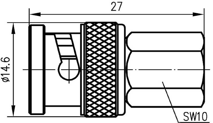 Technische Zeichnung eines zylindrischen Anschlussstücks mit Maßen: Länge 27 mm, Durchmesser 14,6 mm, Schlüsselweite 10 mm.