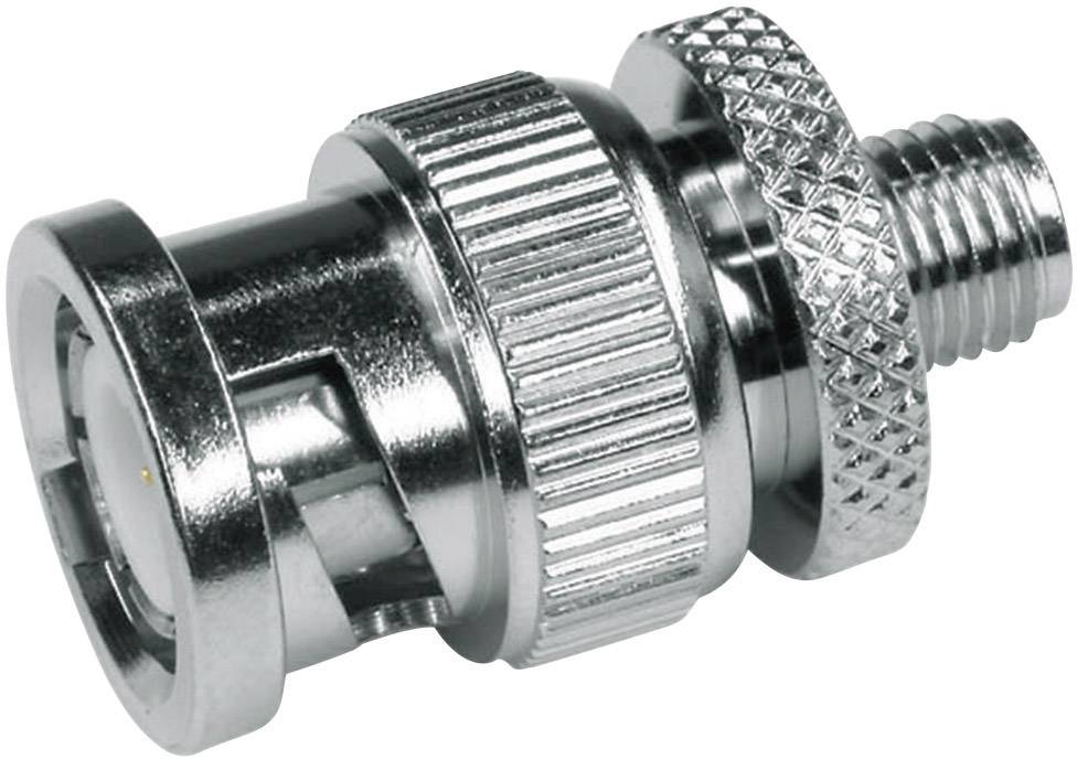 Ein silberner Koaxialadapter aus Metall mit geriffeltem Drehverschluss und Schraubgewinde an einem Ende.