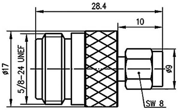 Technische Zeichnung eines Steckverbinders mit Maßen: 28,4 mm Länge, 17 mm Durchmesser, Gewinde 5/8-24 UNEF.