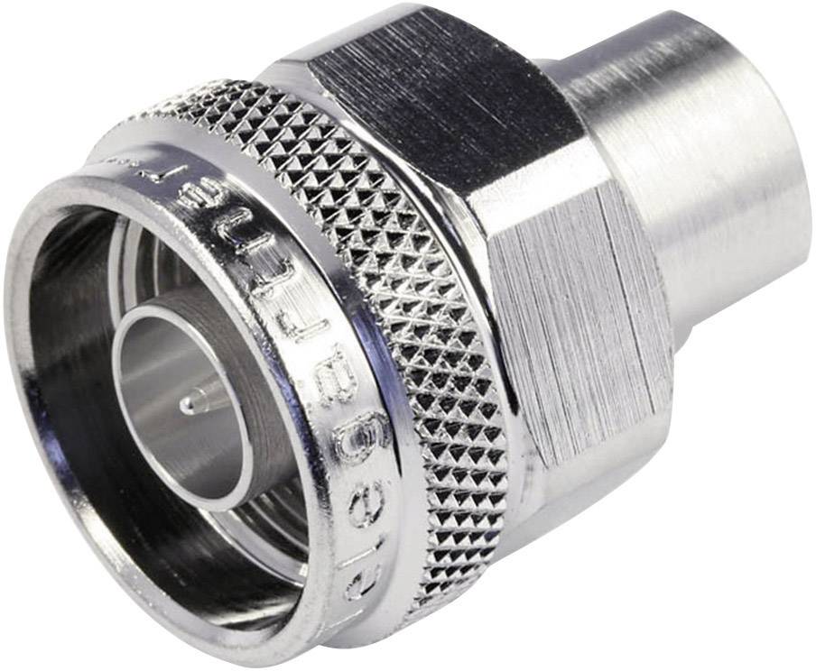 Ein silberner metallischer Koaxialstecker mit geriffeltem Rand und sechseckiger Mutter, verwendet für Kabelverbindungen.