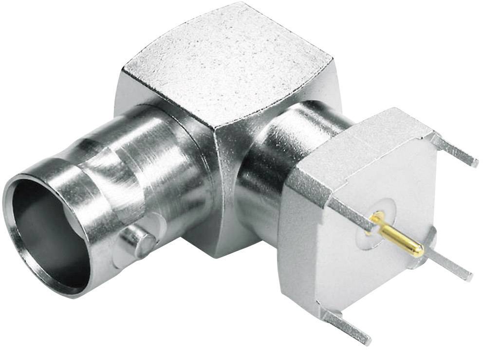 Ein metallischer RF-Stecker in Winkelbauform, geeignet für Hochfrequenzverbindungen in elektronikbezogenen Anwendungen.