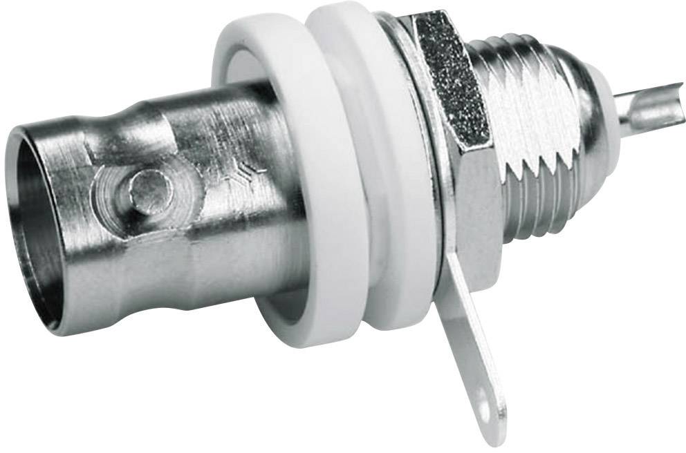 Koaxialstecker aus Metall mit Kunststoffring und Befestigungslasche, geeignet für die Daten- oder TV-Kabelverbindung.
