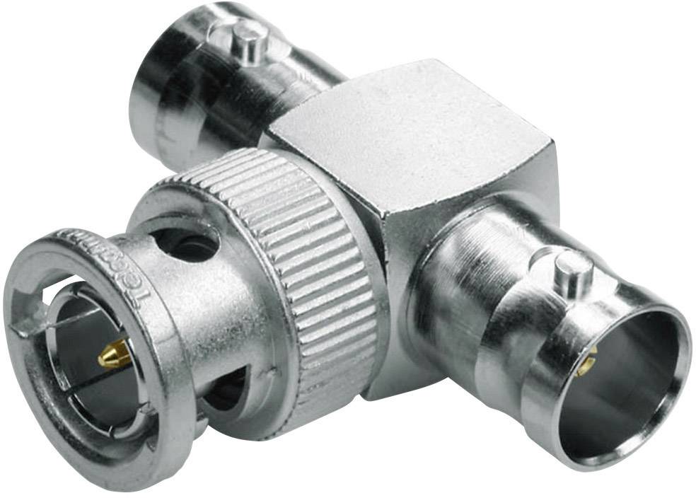 Ein T-Adapter mit BNC-Steckverbindern, aus Metall, zur Verbindung von Koaxialkabeln in Netzwerksystemen.