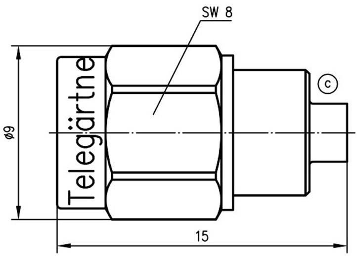 Technische Zeichnung einer Überwurfmutter von Telegärtner mit Beschriftung 'SW 8', zeigt Maße und Form für mechanische Verbindungen.