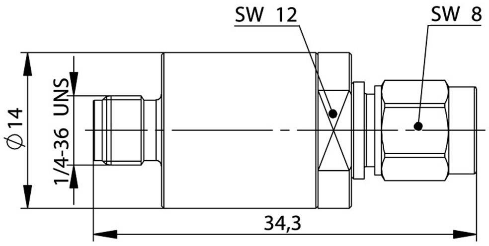 Technische Zeichnung eines Rohrverbinders mit Maßen: Durchmesser 14 mm, Gewinde 1/4-36 UNS, Gesamtlänge 34,3 mm, Schlüsselweiten SW 12 und SW 8.