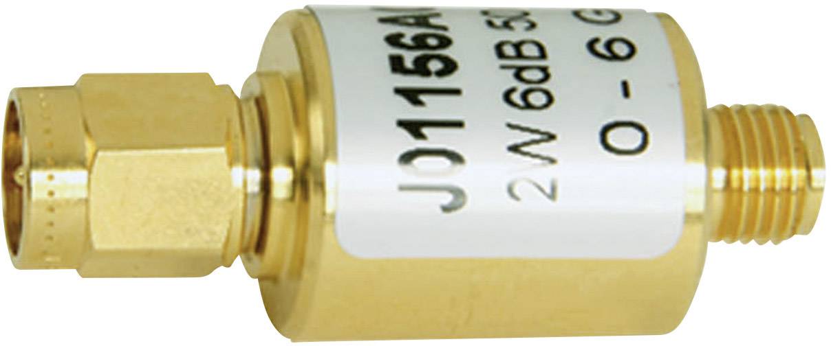 Goldener HF-Dämpfungsglied mit Beschriftung '2W, 6dB, 50Ω, DC-6 GHz', Anschluss oben und unten.