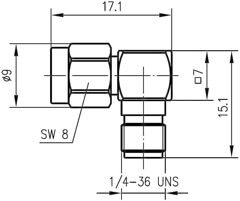 Technische Zeichnung eines Rohrverbindungsstücks mit 17,1 mm Länge, SW 8 Schlüsselweite, Durchmesser 9 mm. Bezeichnet als 1/4–36 UNS.
