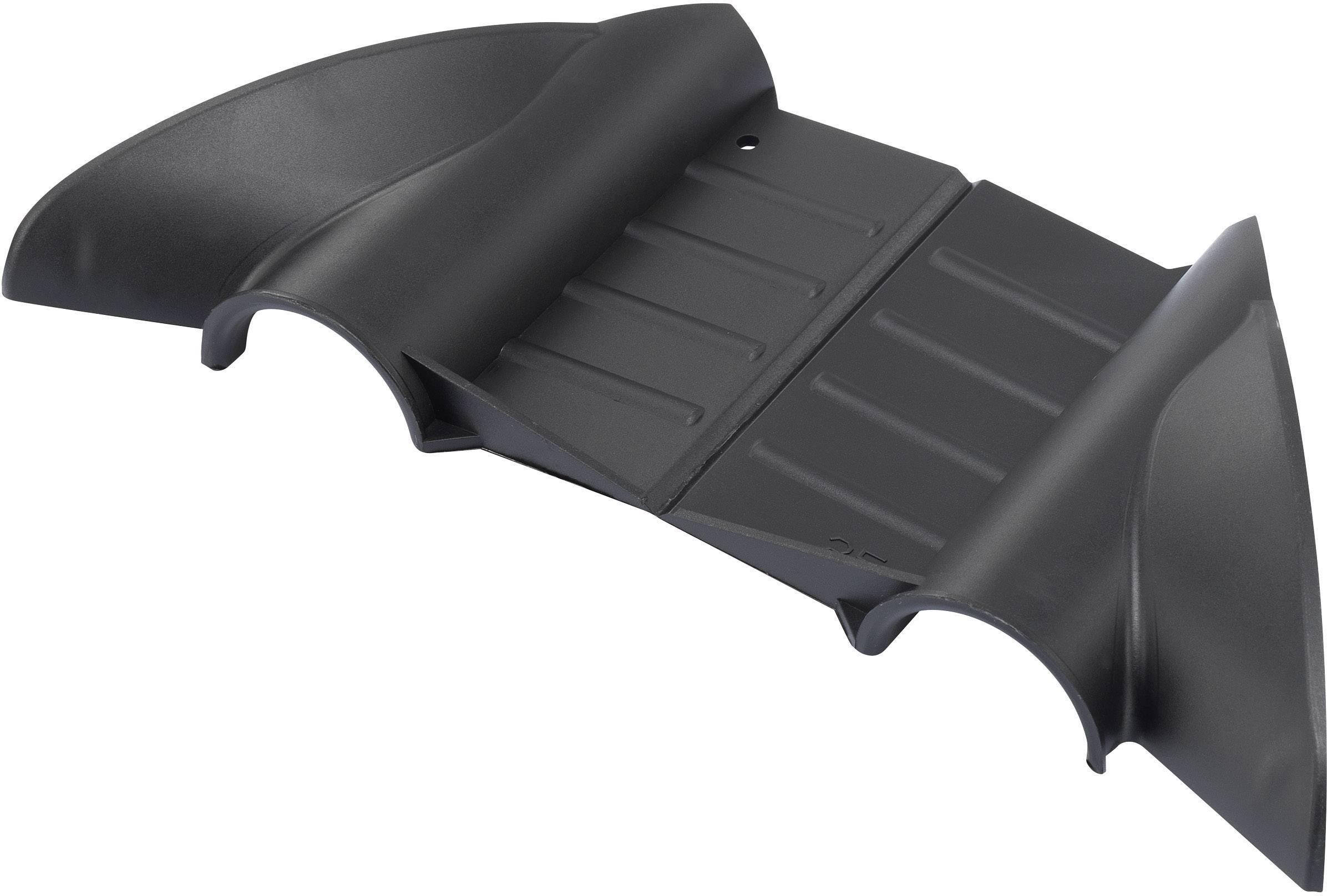 Schwarze, plastische Autoteilabdeckung mit horizontalen Streifen und seitlichen Flügeln. Verwendet zur Abdeckung von Fahrzeugkomponenten.