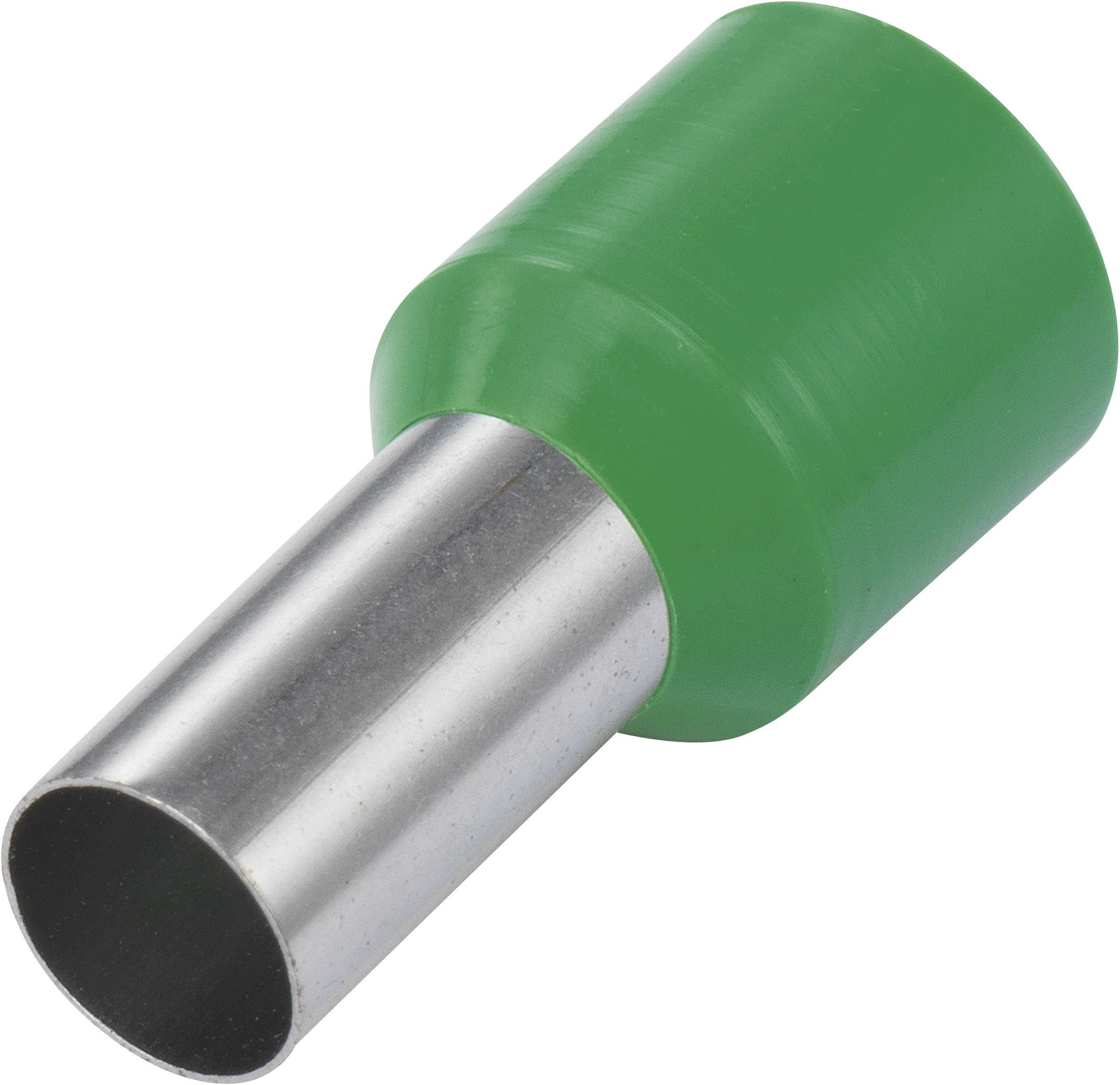 Ein grüner Aderendhülse mit metallischem Anschluss, häufig verwendet zur Sicherung von Drähten in elektrischen Anwendungen.