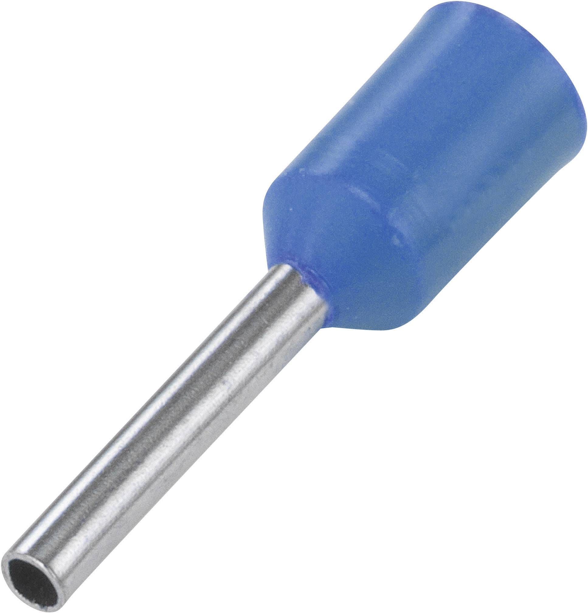 Ein blauer Aderendhülsenstecker aus Metall und Kunststoff, der in der Elektronik zur Verbindung von Drähten verwendet wird.