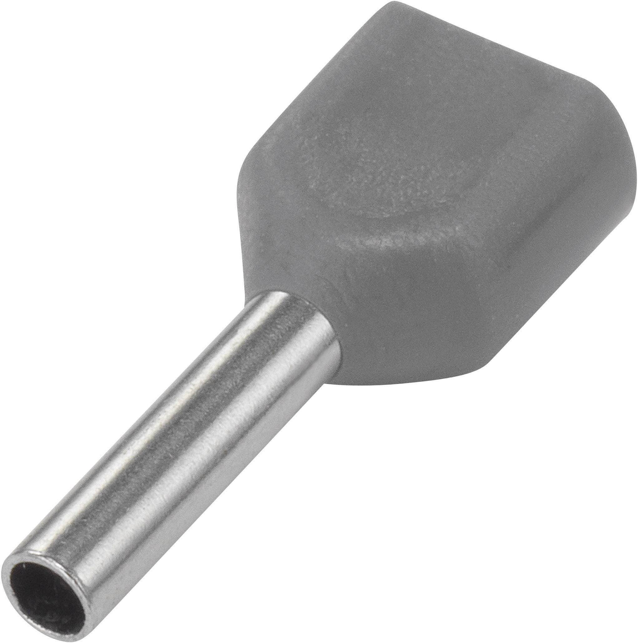 Eine graue Aderendhülse mit Metallrohr und isoliertem quadratischem Ende. Verwendet zur Sicherung von Kabelenden in elektrischen Anwendungen.