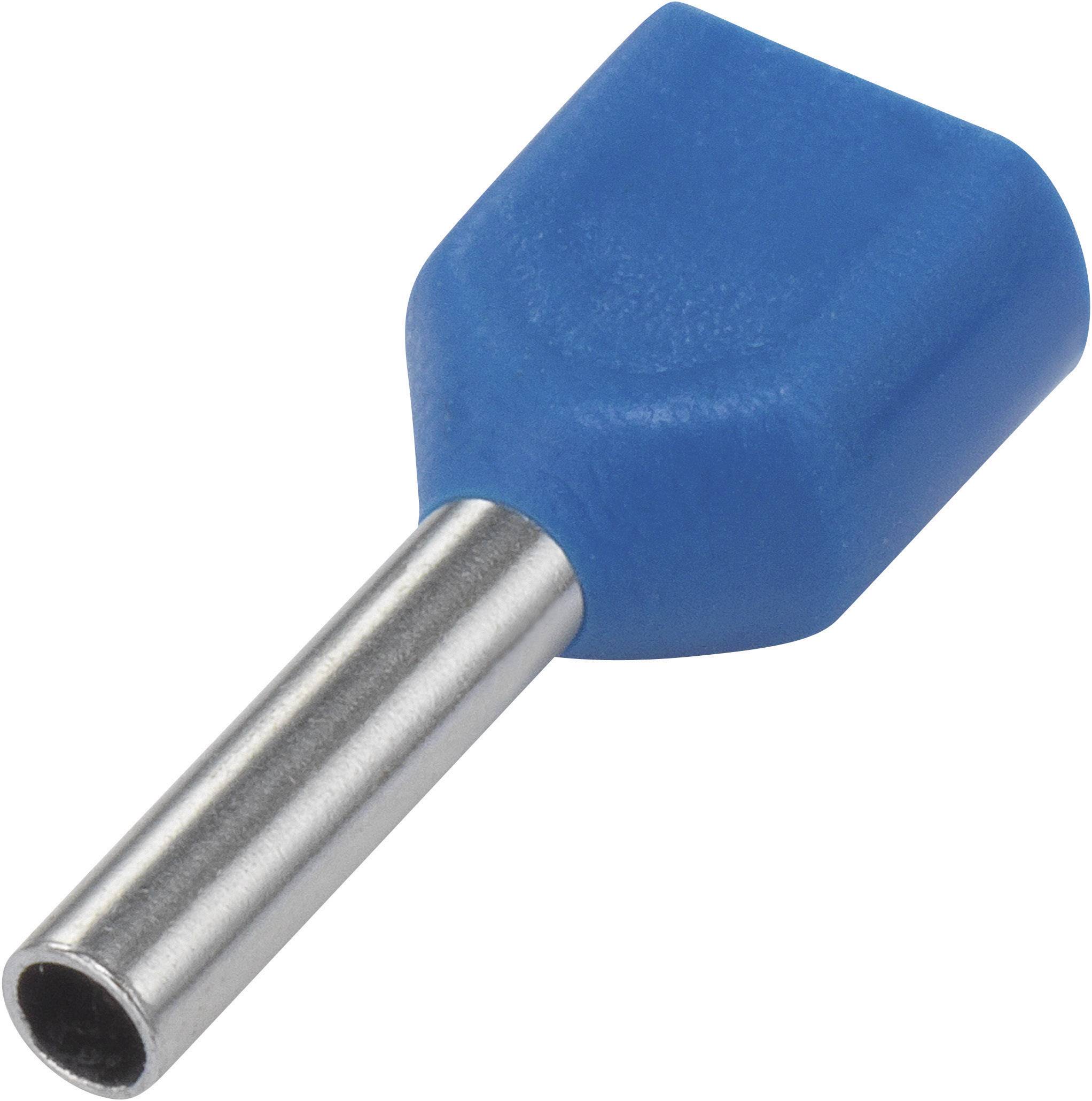 Blauer Aderendhülse mit metallischem Röhrchen, verwendet für die Verbindung von elektrischen Leitungen.