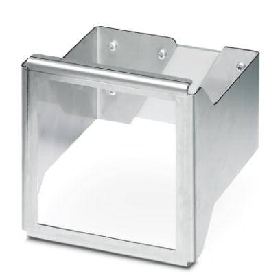 Metallisches Gehäuse mit transparenter Front, vermutlich für den Schutz von Geräten oder Modulen in industriellen Anwendungen.