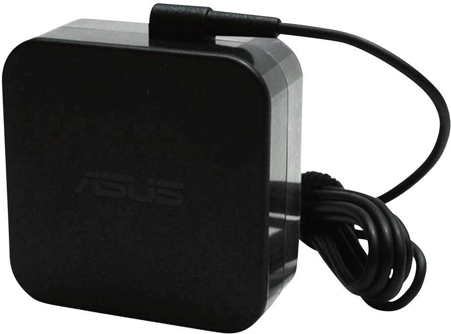 Ein schwarzes ASUS-Ladegerät mit abgerundeten Kanten und einem Kabel. Ideal zum Aufladen von ASUS-Laptops.