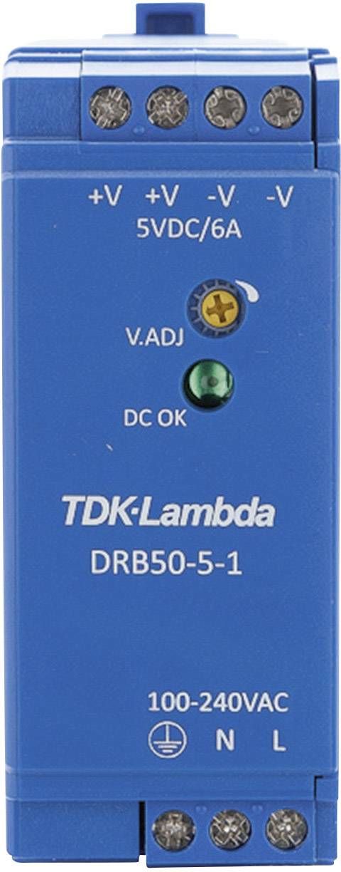 Ein blaues Stromversorgungsgerät der Marke TDK-Lambda mit der Modellnummer DRB50-5-1. Oben befinden sich Anschlussklemmen und eine grüne Kontrollleuchte.