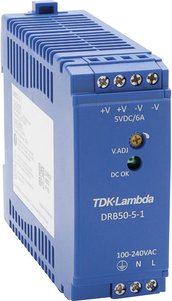 Blaues elektrisches Netzteil mit der Aufschrift 'TDK-Lambda DRB50-5-1', Anschlussklemmen und LED-Anzeigen für DC-Status.