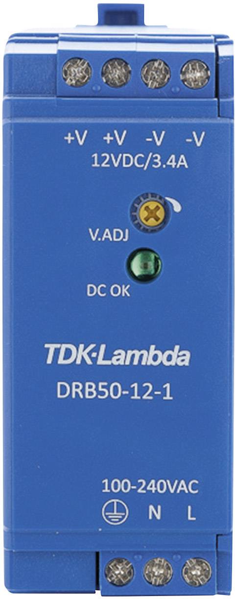 Ein blaues elektronisches Gerät von TDK-Lambda, Modell DRB50-12-1. Zeigt Eingangs- und Ausgangsanschlüsse sowie Statusleuchten an.