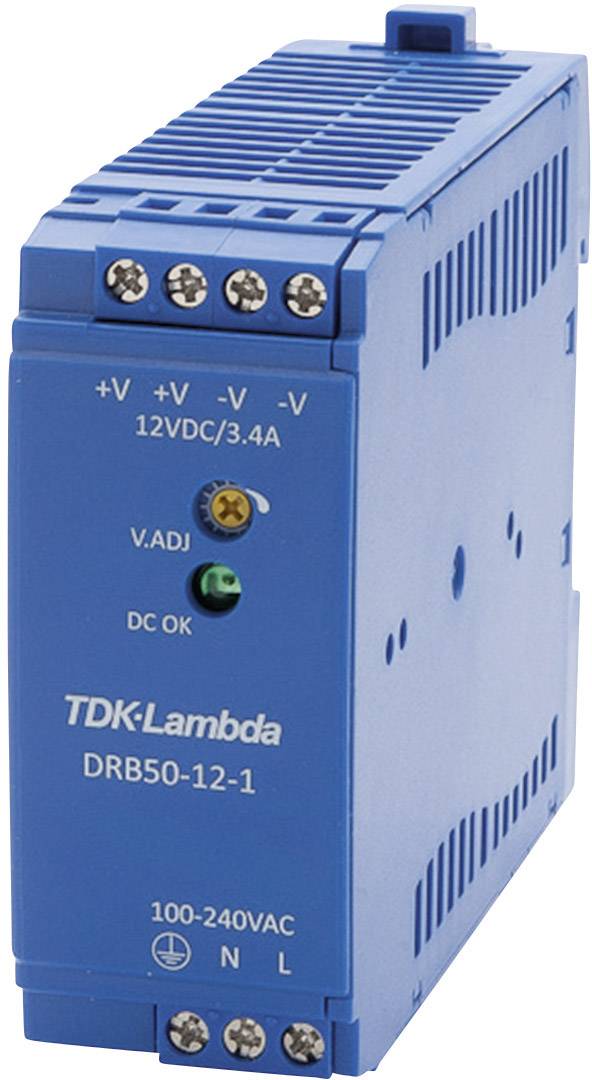 Blaues Schaltnetzteil in rechteckiger Form. Aufdruck zeigt 'TDK-Lambda DRB50-12-1'. Spannungsangabe: 12VDC/3.4A.