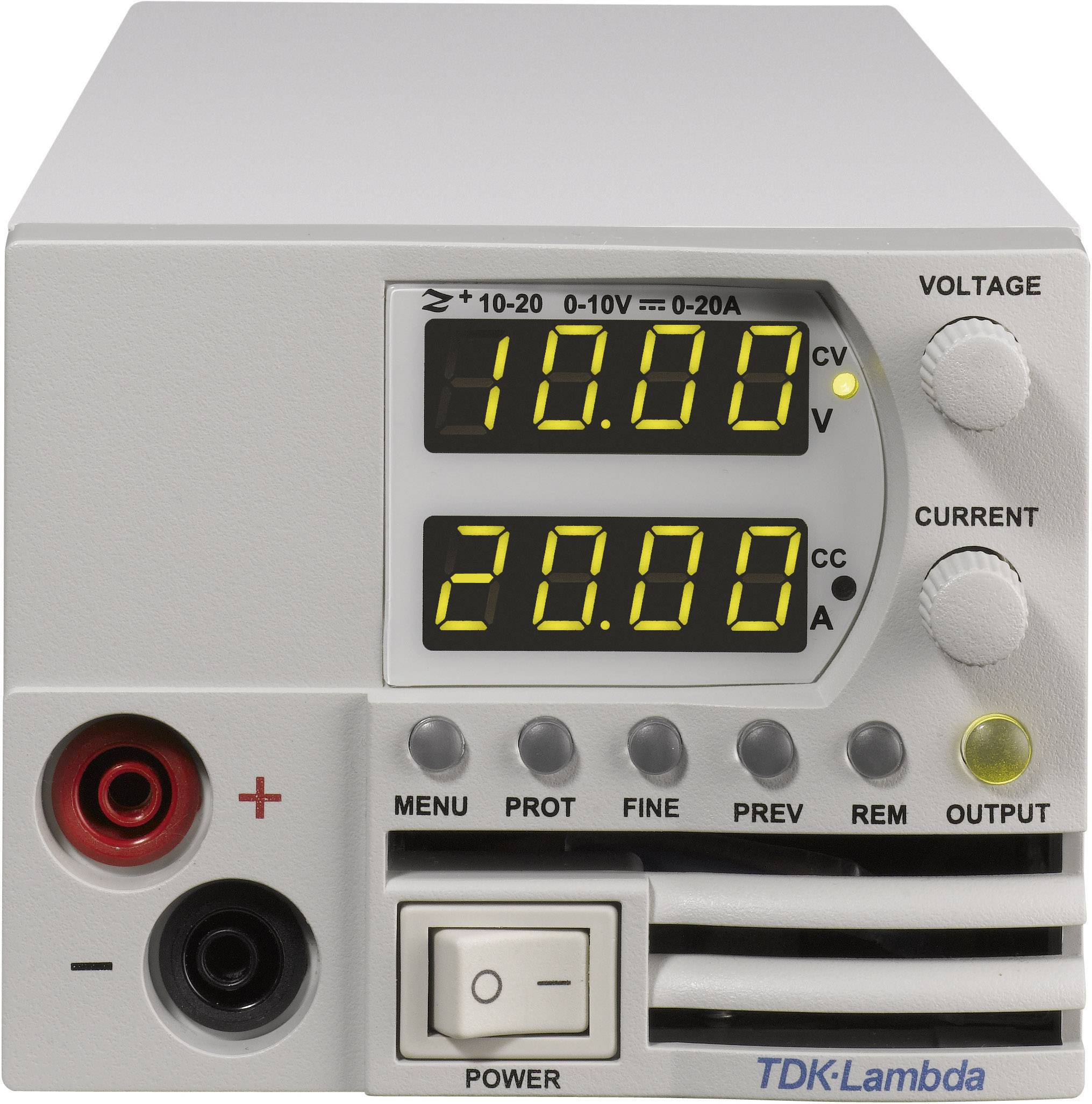 Elektronisches Netzgerät zeigt Display mit Spannung '10,00V' und Strom '20,00A'. Bedienknöpfe und Anschlüsse auf der Vorderseite.