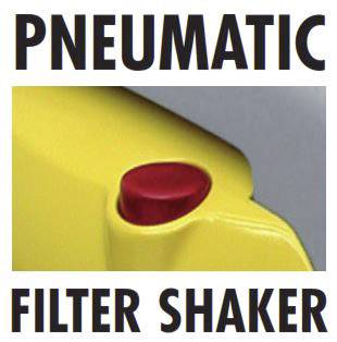 Gelber pneumatischer Filter-Shaker mit rotem Knopf. Text: 'Pneumatic Filter Shaker'.