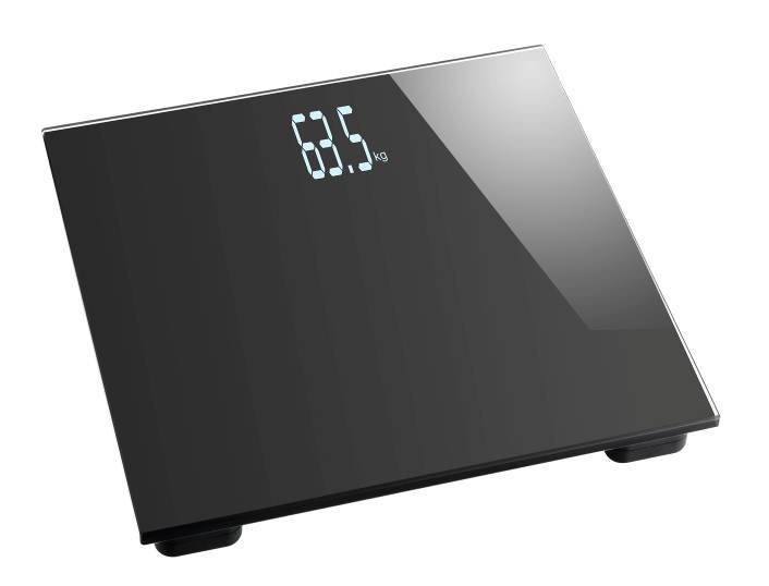 Digitale Waage mit glänzender Oberfläche zeigt '68,5 kg' an.