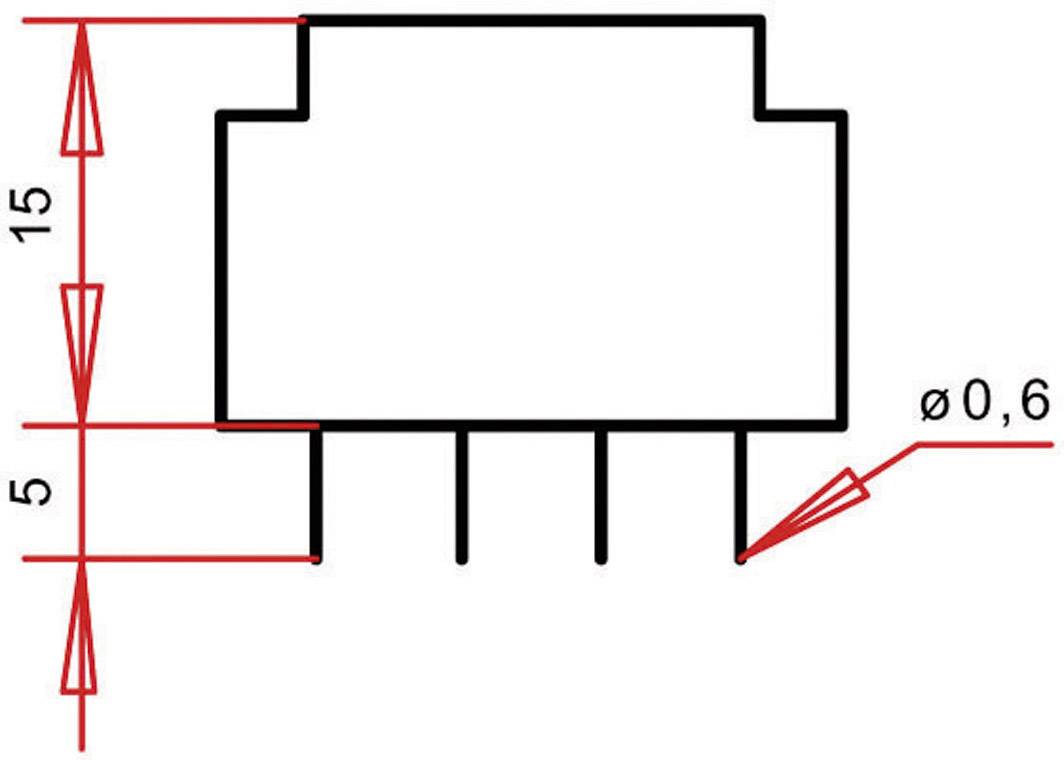 Diagramm eines elektronischen Bauteils mit vier Anschlüssen. Höhe 20 mm, Durchmesser eines Anschlusses 0,6 mm.