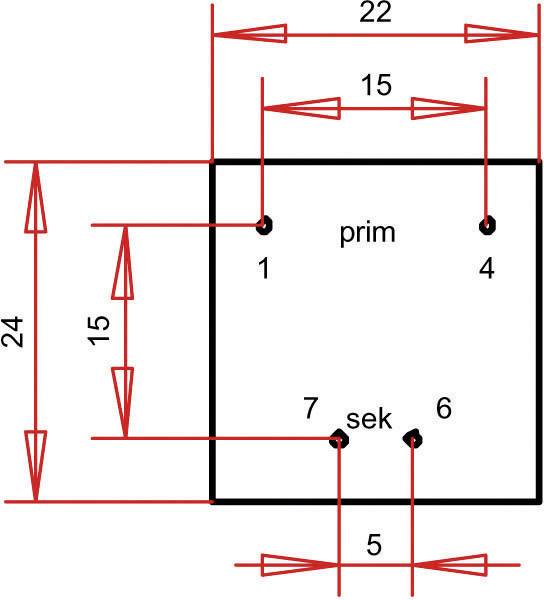Diagramm eines quadratischen Objekts mit vier markierten Punkten. Messungen: Oben 22, Höhe 24, Seite 15. Beschriftungen: 'prim', 'sek'.