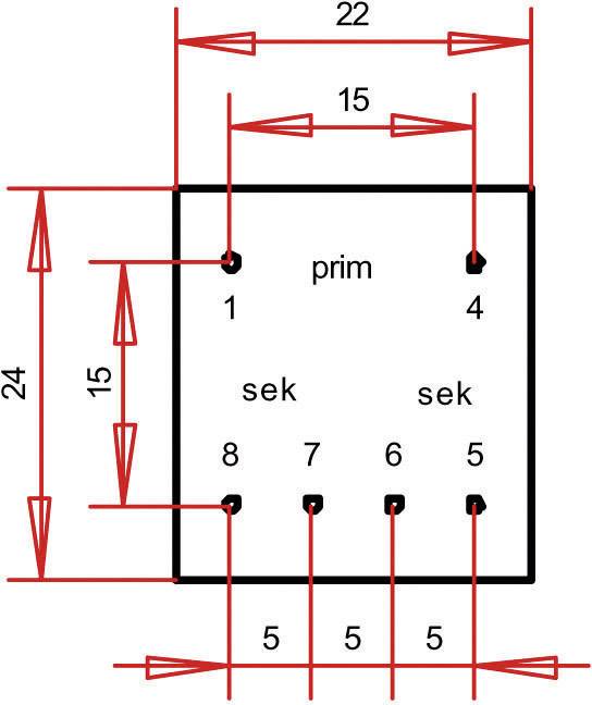 Skizze eines elektrischen Steckverbinders mit primären Anschlüssen oben und sekundären Anschlüssen unten, Abmessungen in Millimetern.