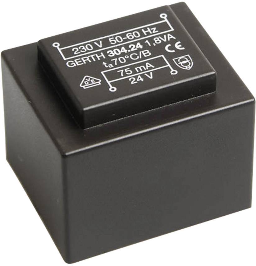 Schwarzer Transformator für 230 V Wechselspannung, Ausgangleistung 1.8 VA, 24 V Spannung, 75 mA Stromstärke.