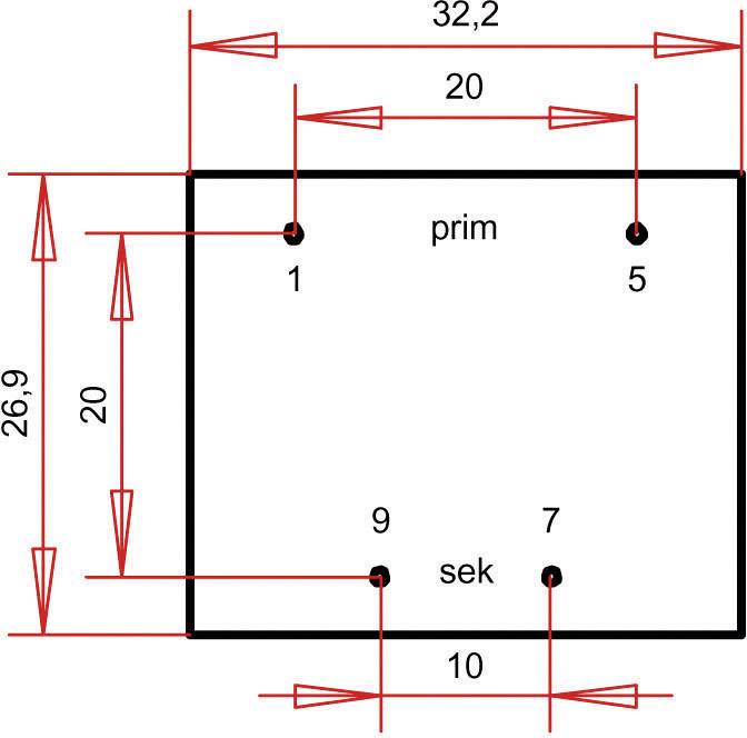 Diagramm eines rechteckigen Objekts mit vier markierten Punkten. Beschriftungen: prim bei Punkt 5, sek bei Punkt 7. Abmessungen: 32,2 und 26,9.